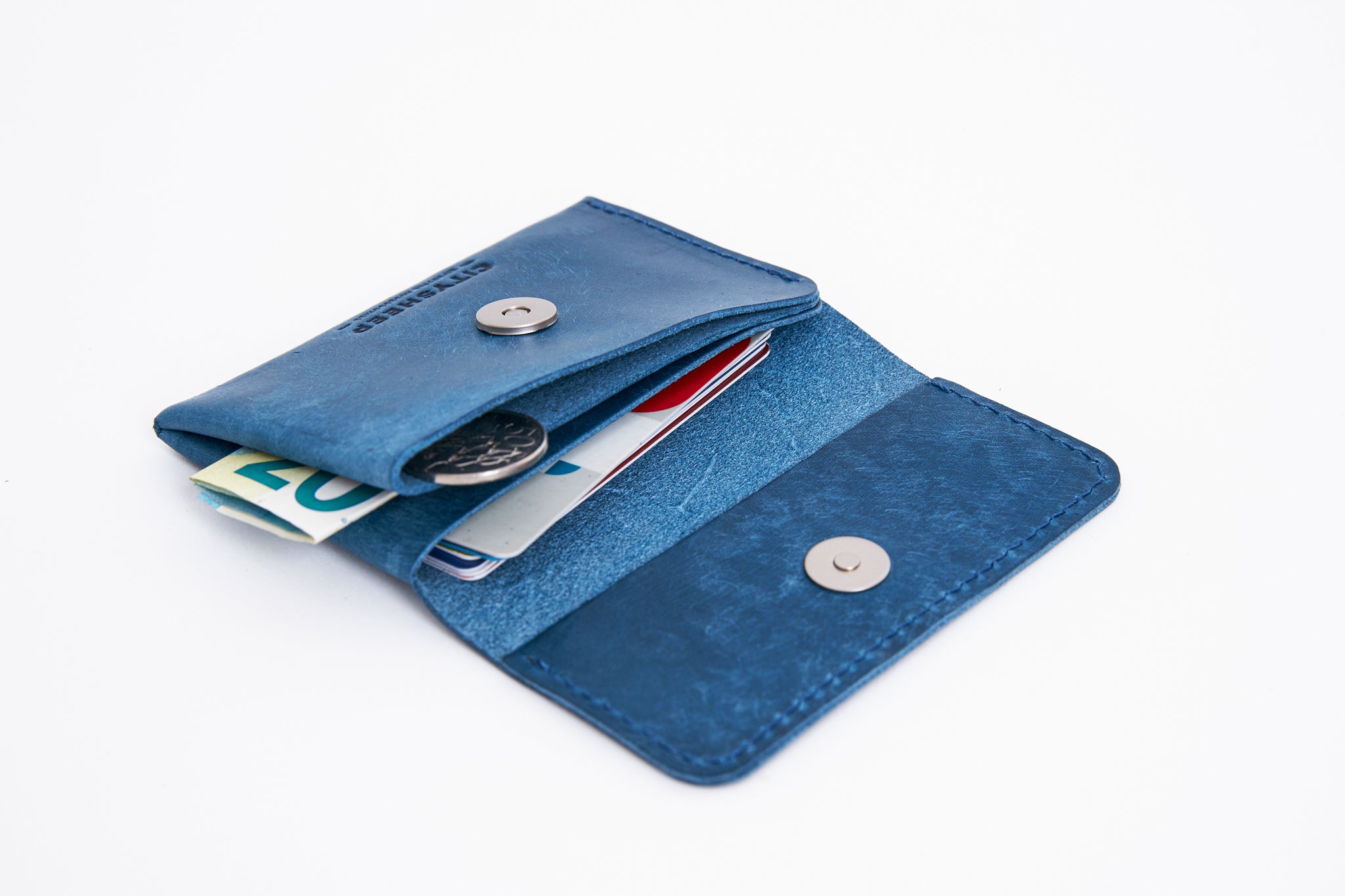 Mini wallet for women made from Luxury vegetable tanned leather Ocean Blue Leather Color