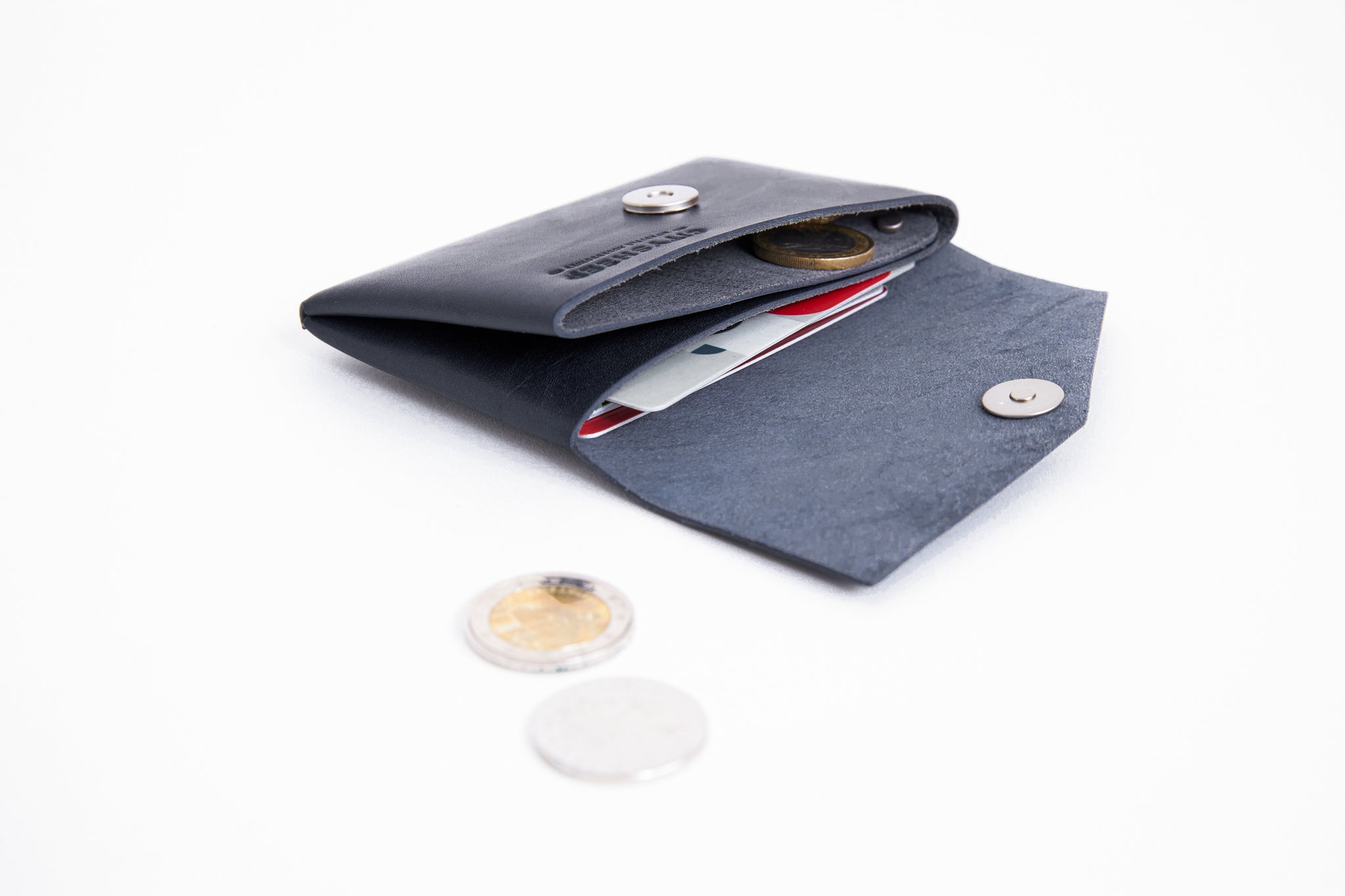 Mini wallet with compartments for cards and coins. Dark Blue full grain leather.