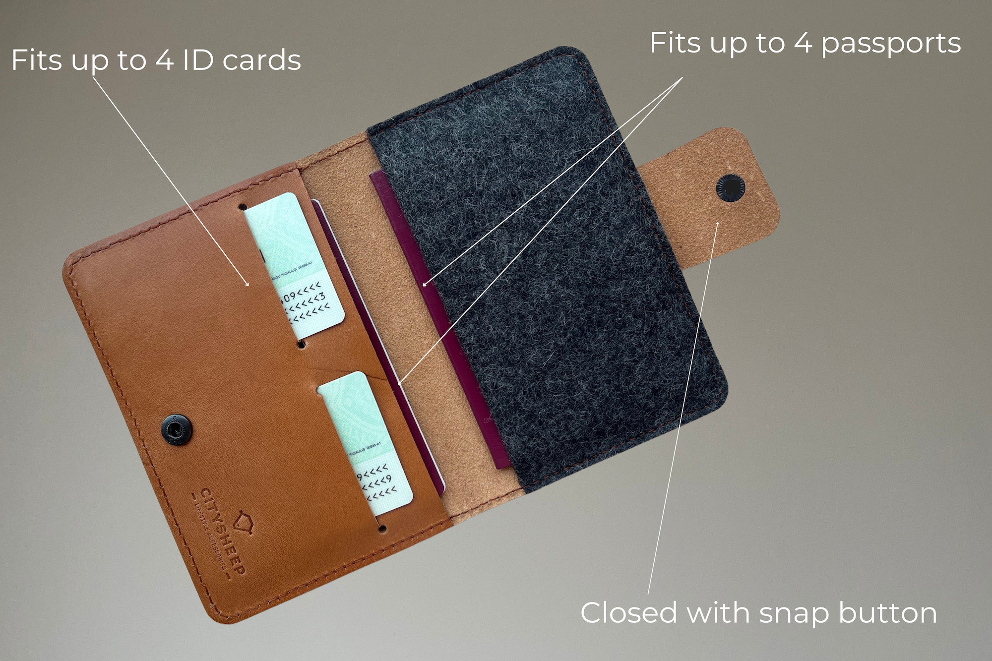 Passport holder with AirTag for passports and ID cards in TAN colour leather