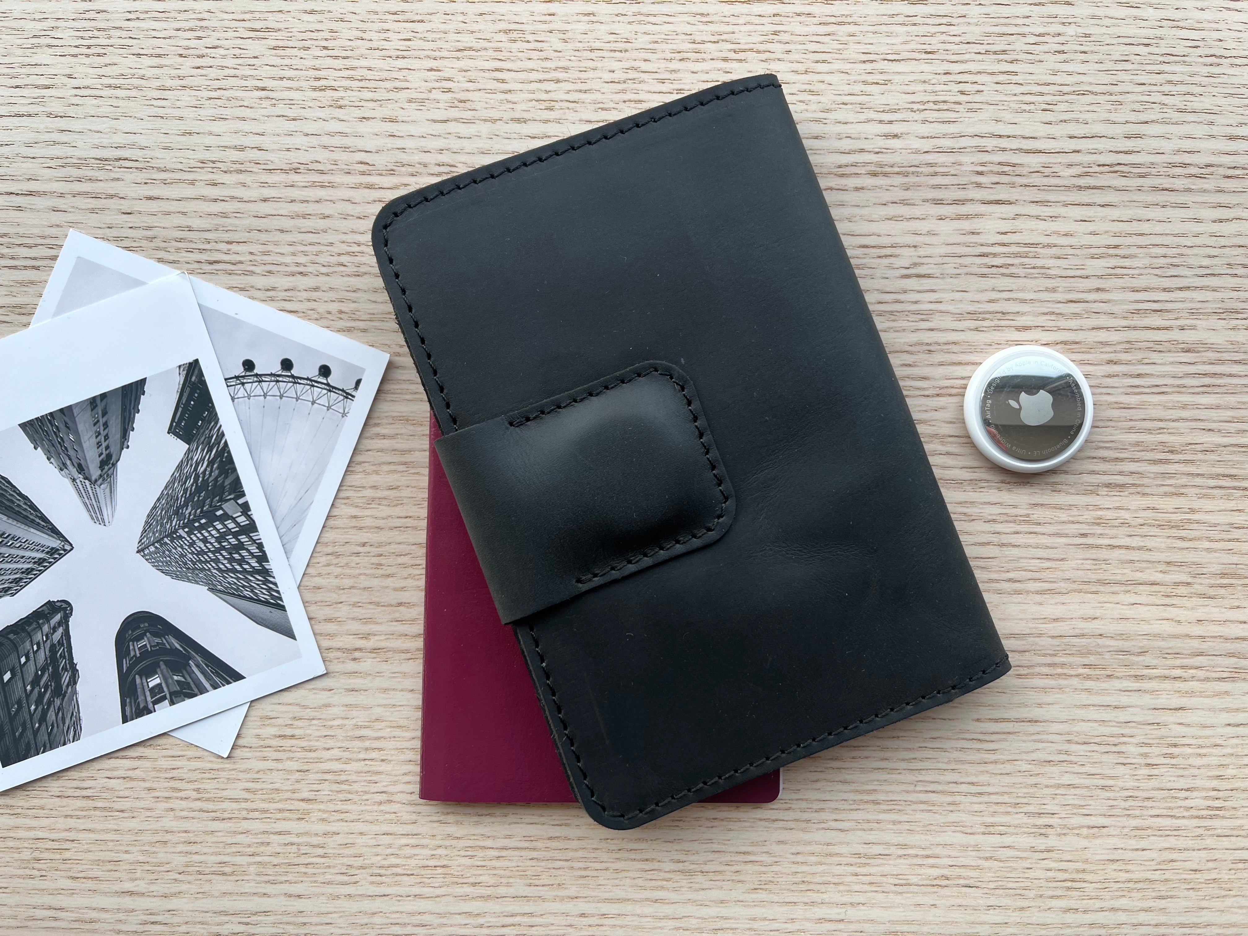 Handcrafted black leather Passport case with AirTag holder
