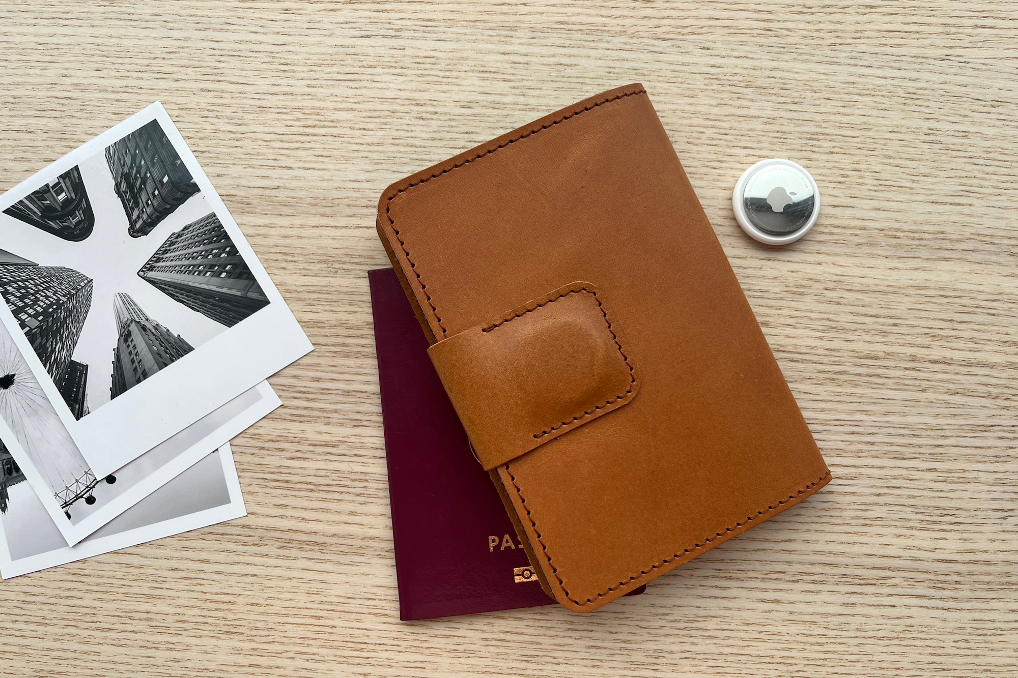 Passport cover with AirTag, crafted from real leather. Handcrafted.