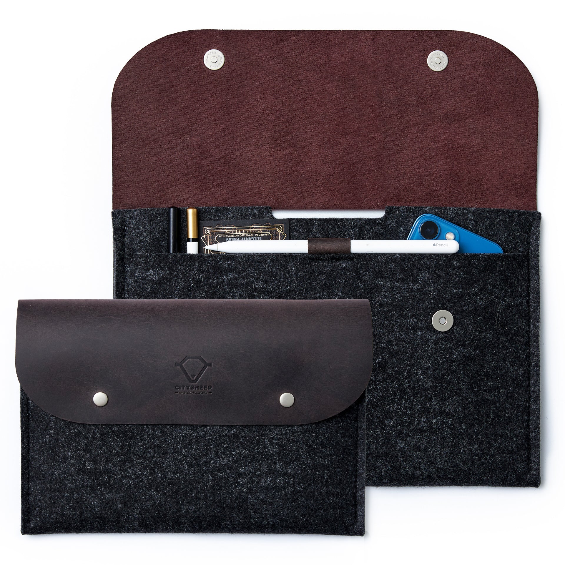 Brown leather and anthracite wool felt case for Remarkable tablet with closure and pencil holder.