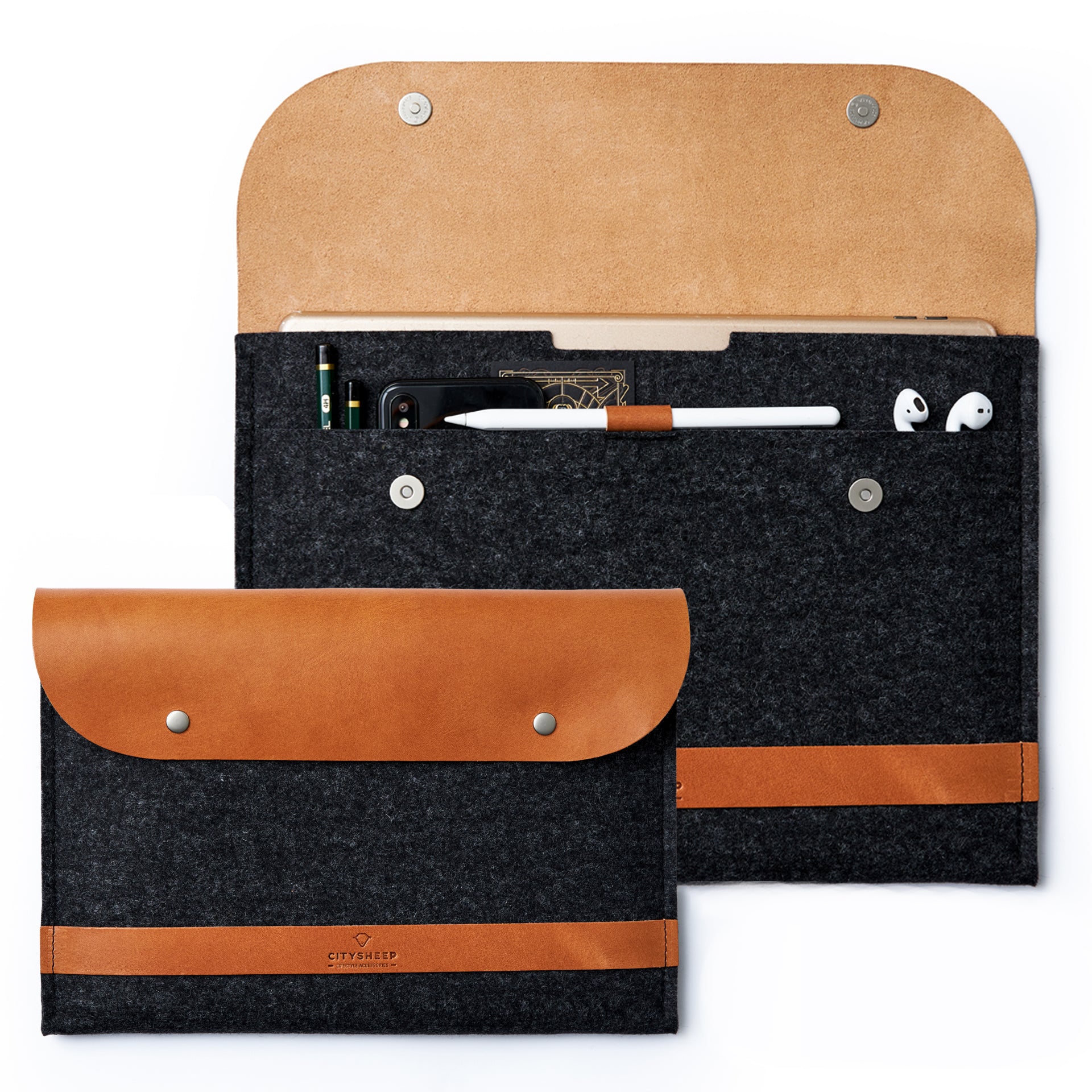 Luxury iPad 12.9"/ iPad Ar 13 M2/ iPad Pro 13 M4 leather and wool felt case. Handmade.