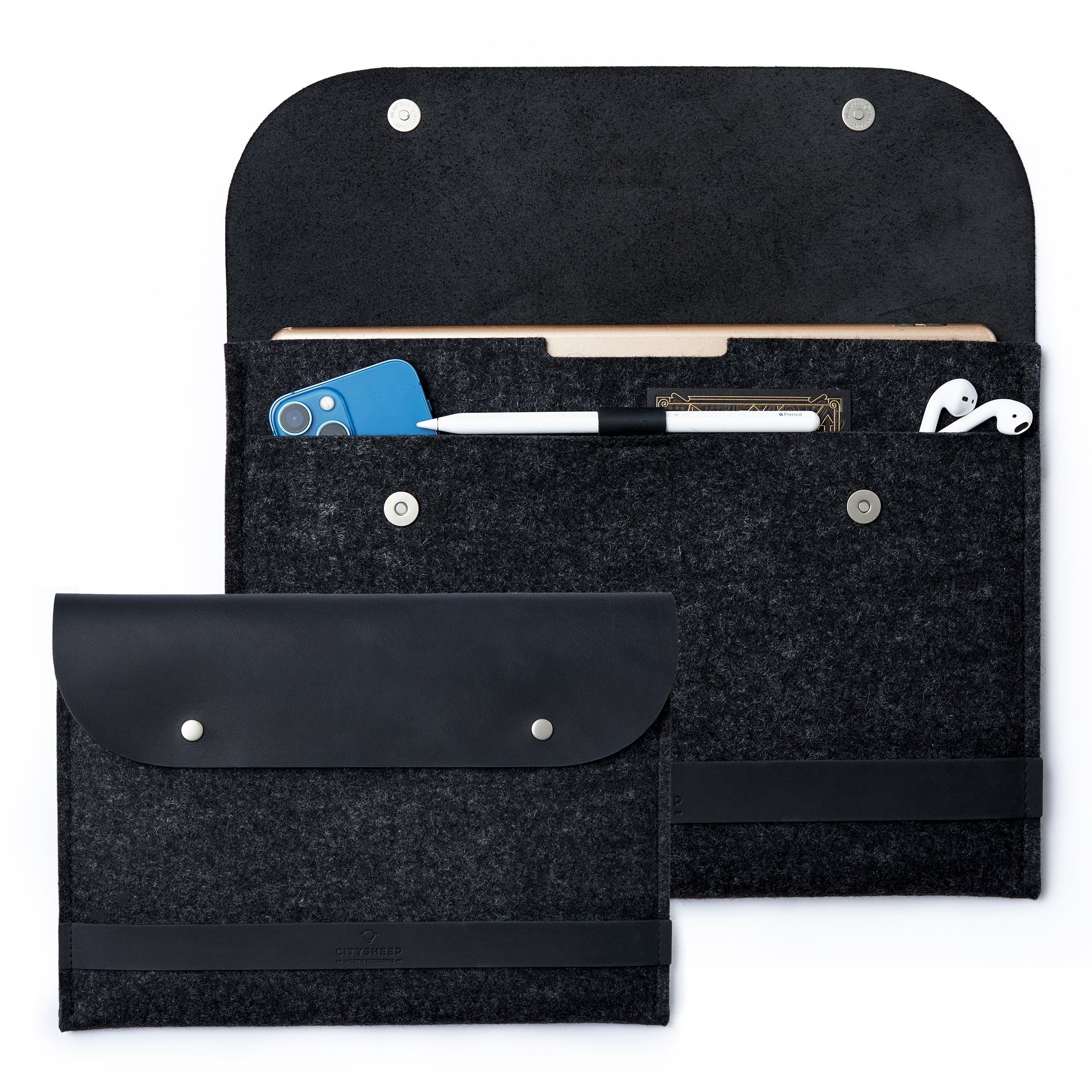 Premium quality iPad Pro/ iPad Air case made from wool felt and full grain leather with a loop for Apple pencil and extra compartment.