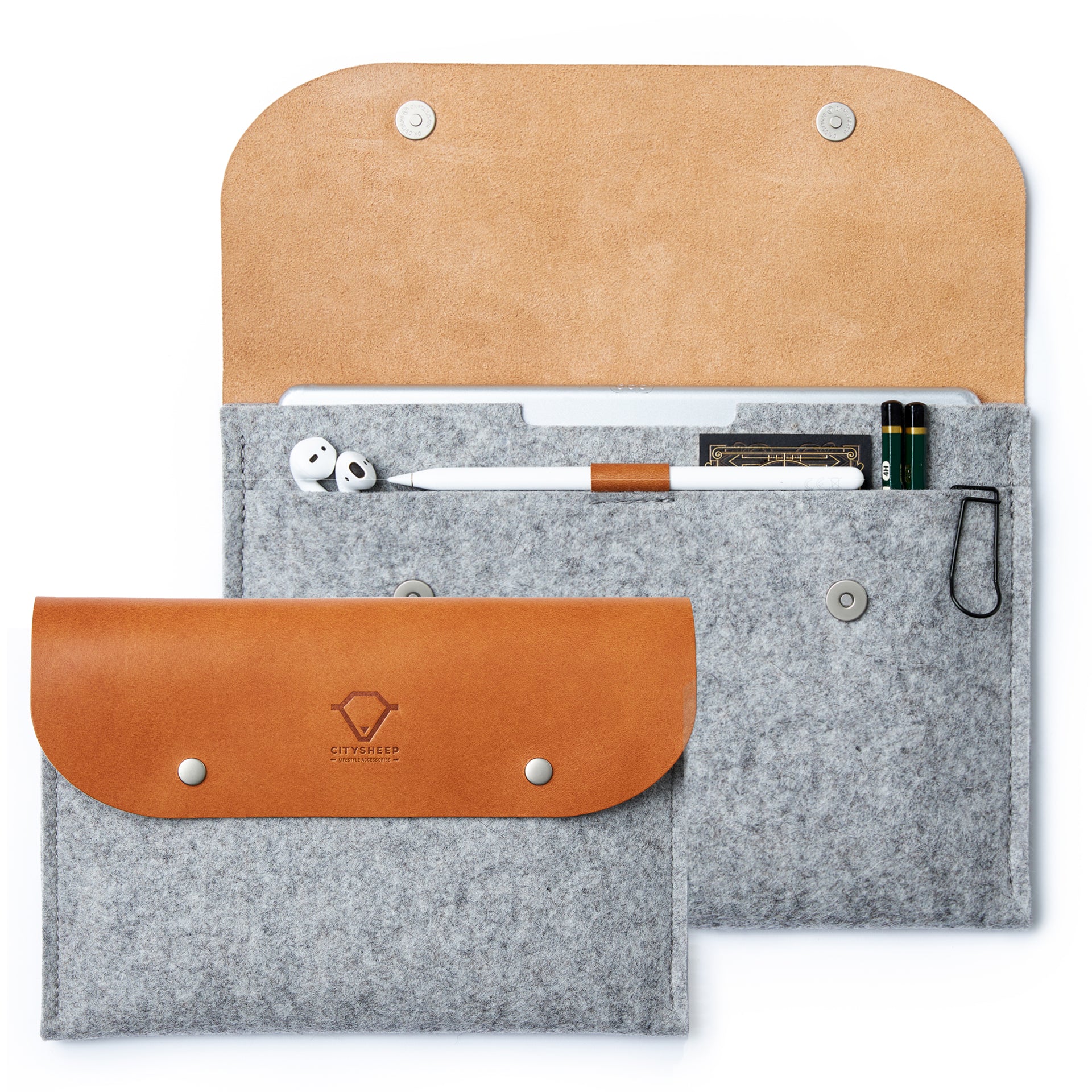Premium leather and wool felt iPad case, made from merino wool felt and Italian Vegetable tanned leather with flap closure, Apple pencil loop.