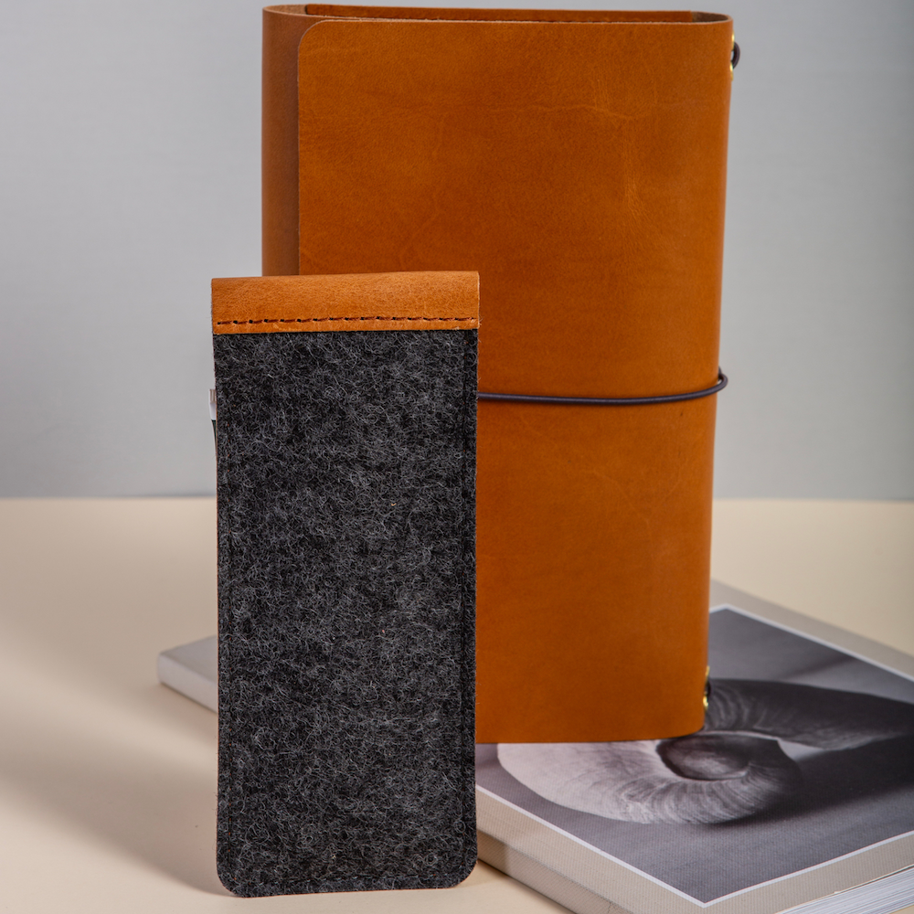 Leather and wool felt pencil pouch and leather journal