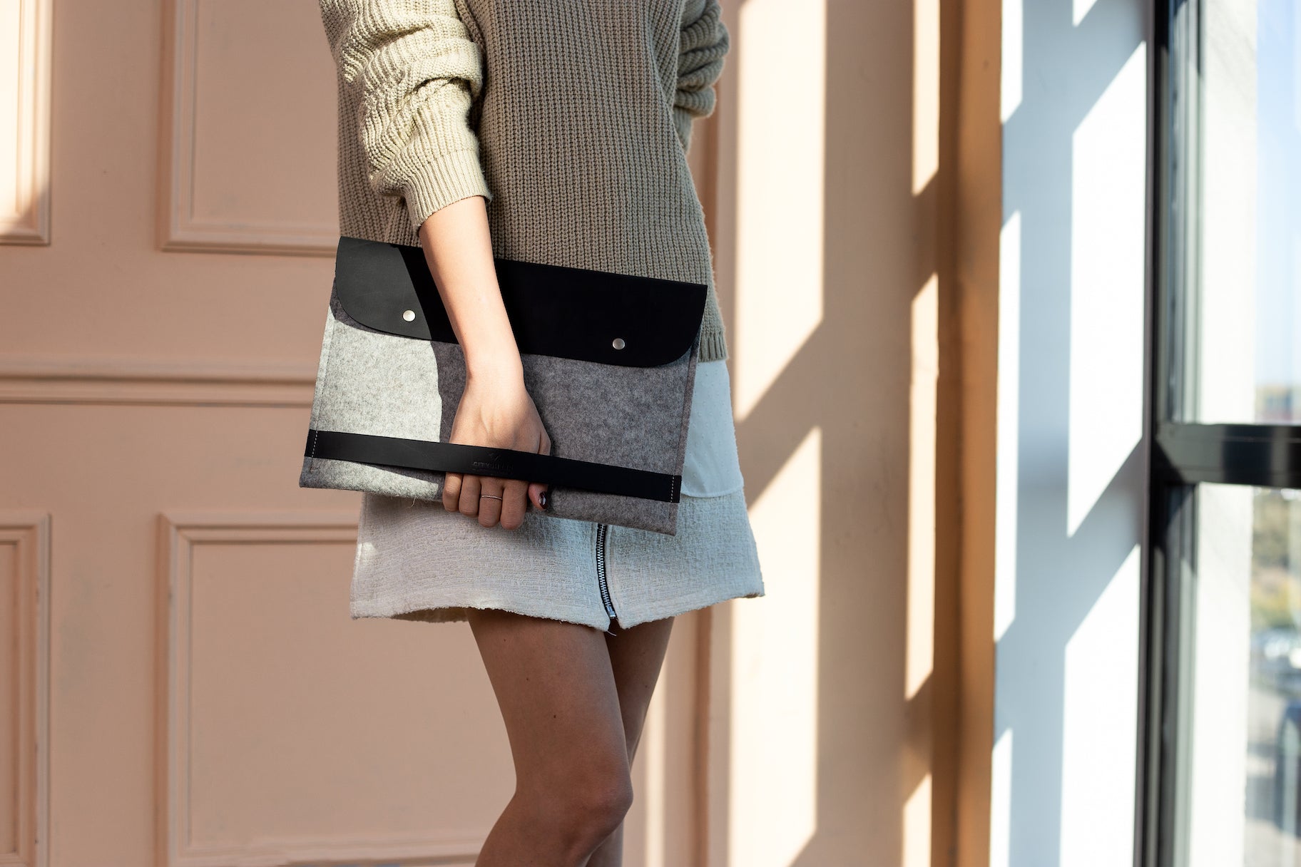iPad wool felt and leather sleeve case with space for charger and accessories