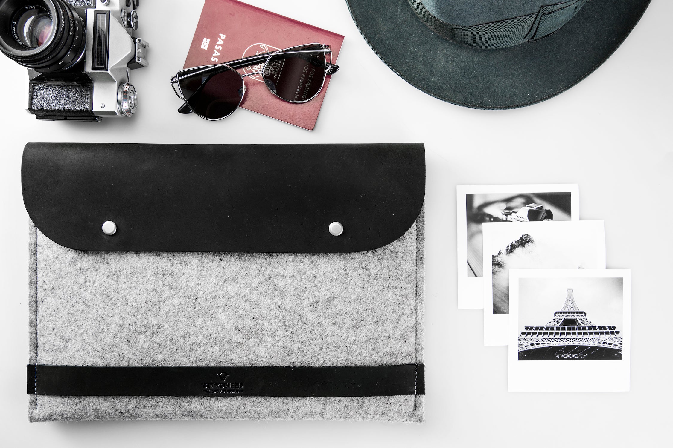 iPad wool felt and leather case folio with closure and loop for Apple pencil.