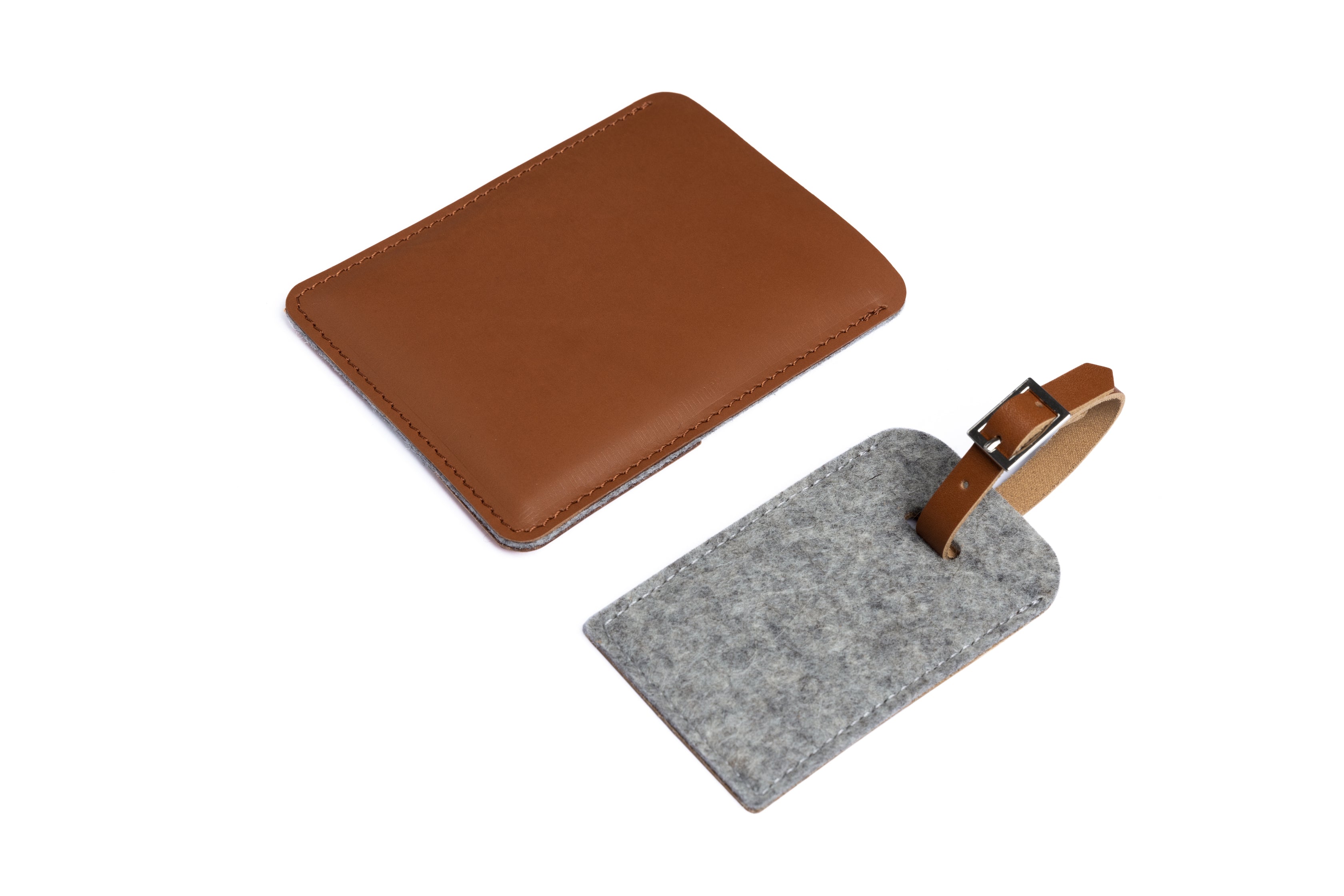 Light brown Leather and wool felt Passport Holder and Luggage tag set
