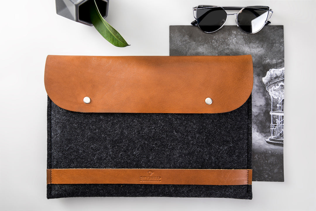 Leather MacBook case folio made from wool felt and full grain leather