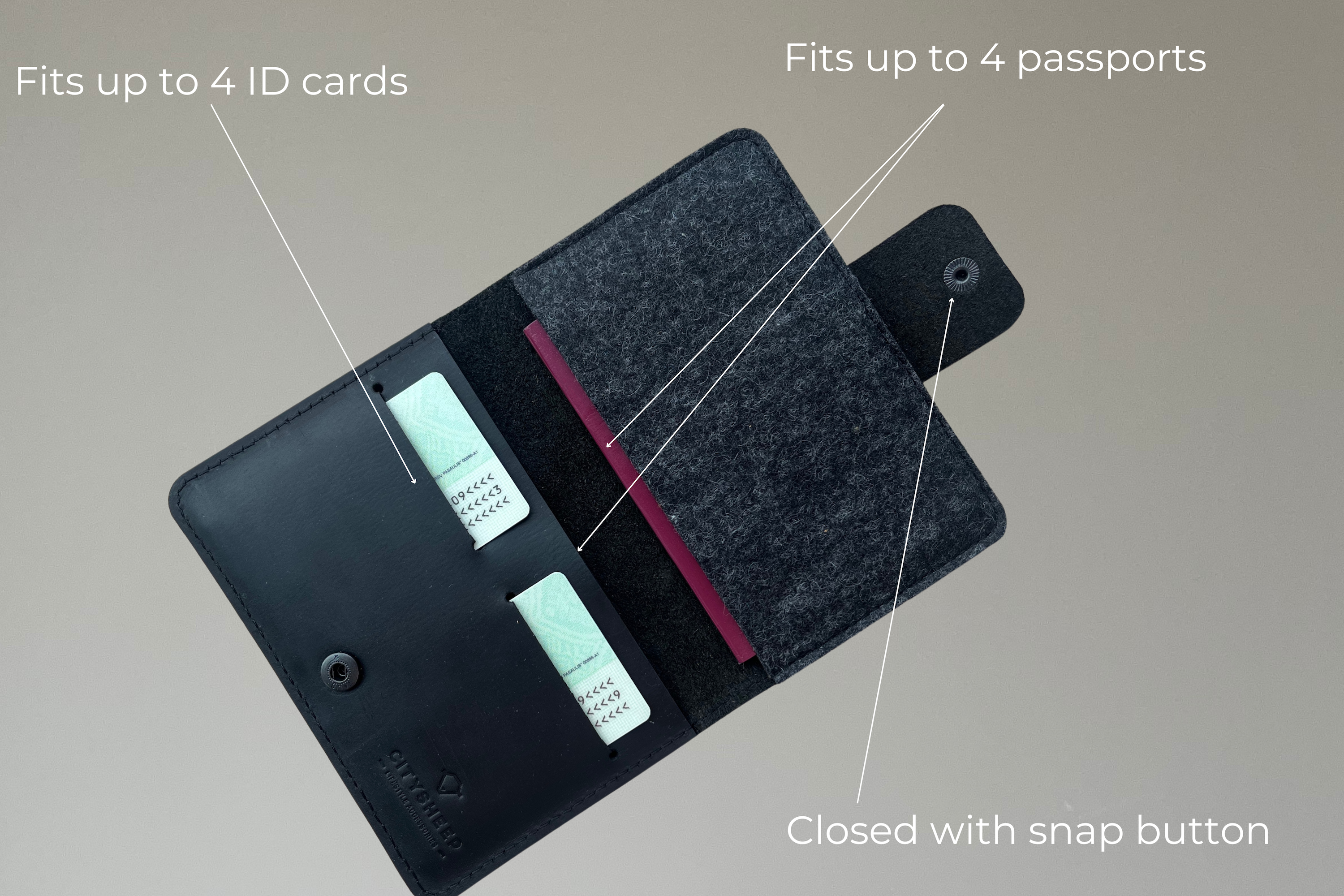 Two passport holder with AirTag slot, made from full grain leather