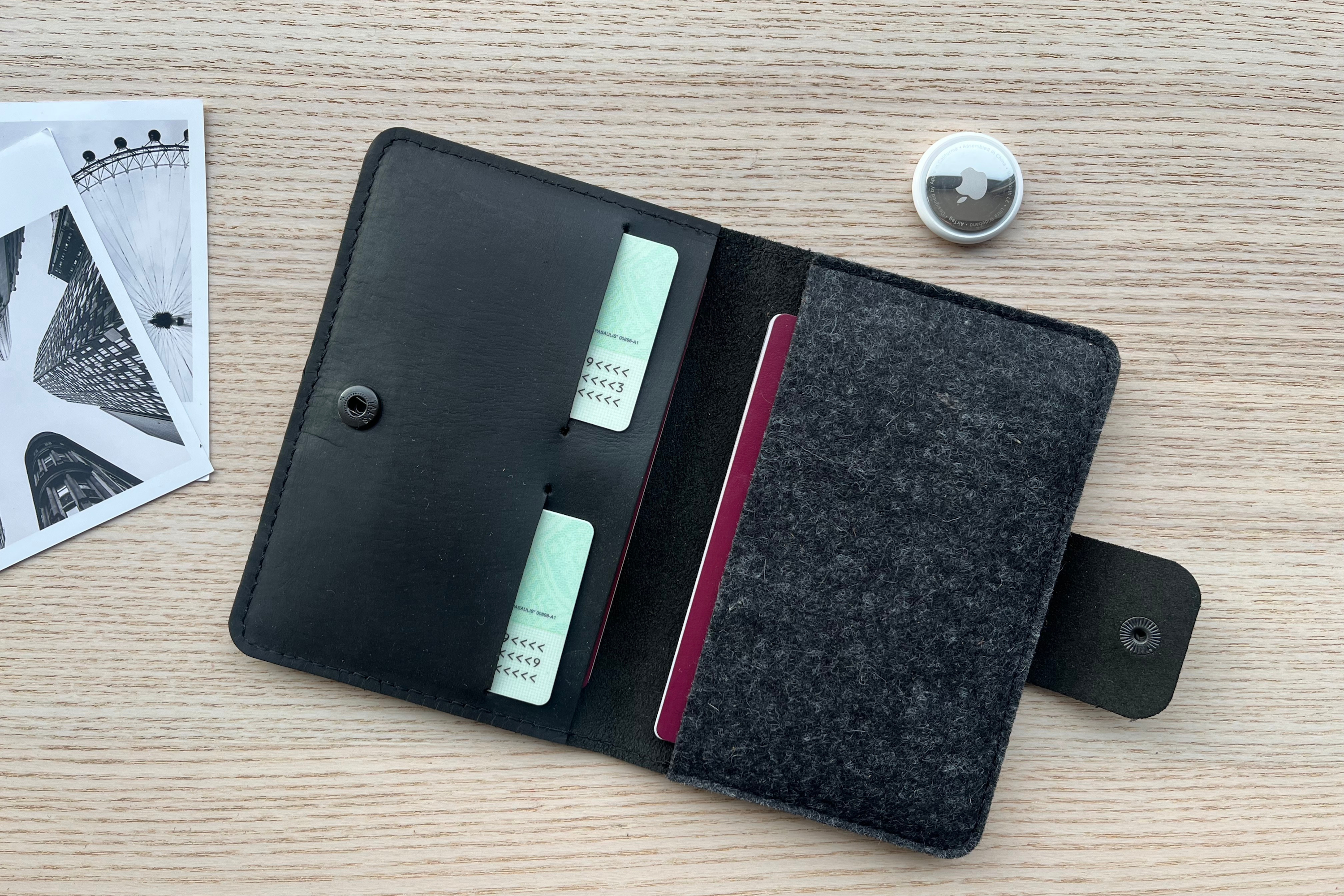 passport wallet with AirTag slot, made from full grain leather. Fits one, two, three, four passports.