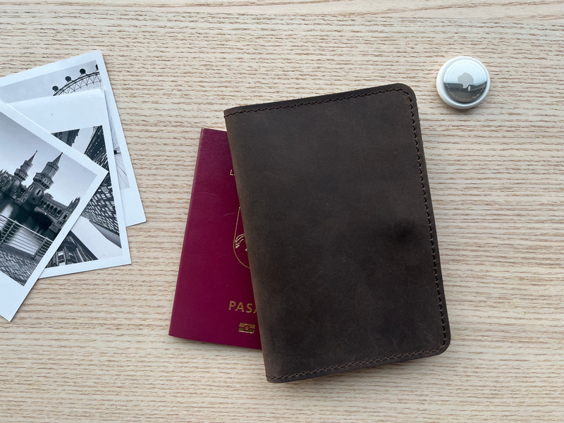 leather passport travel wallet with airtag