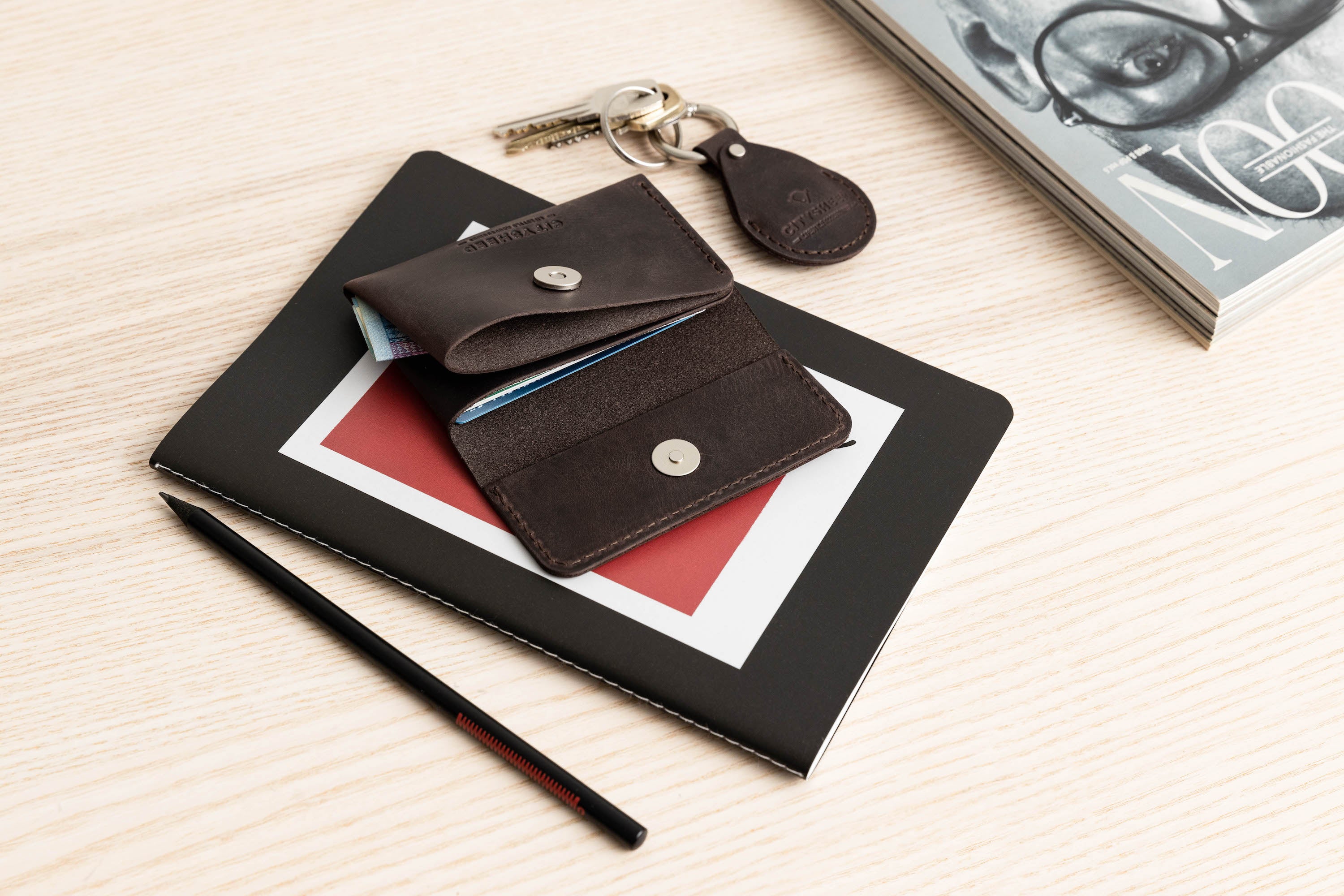 Leather Card Holder Wallet Minimalist design, chocolate brown leather colour.