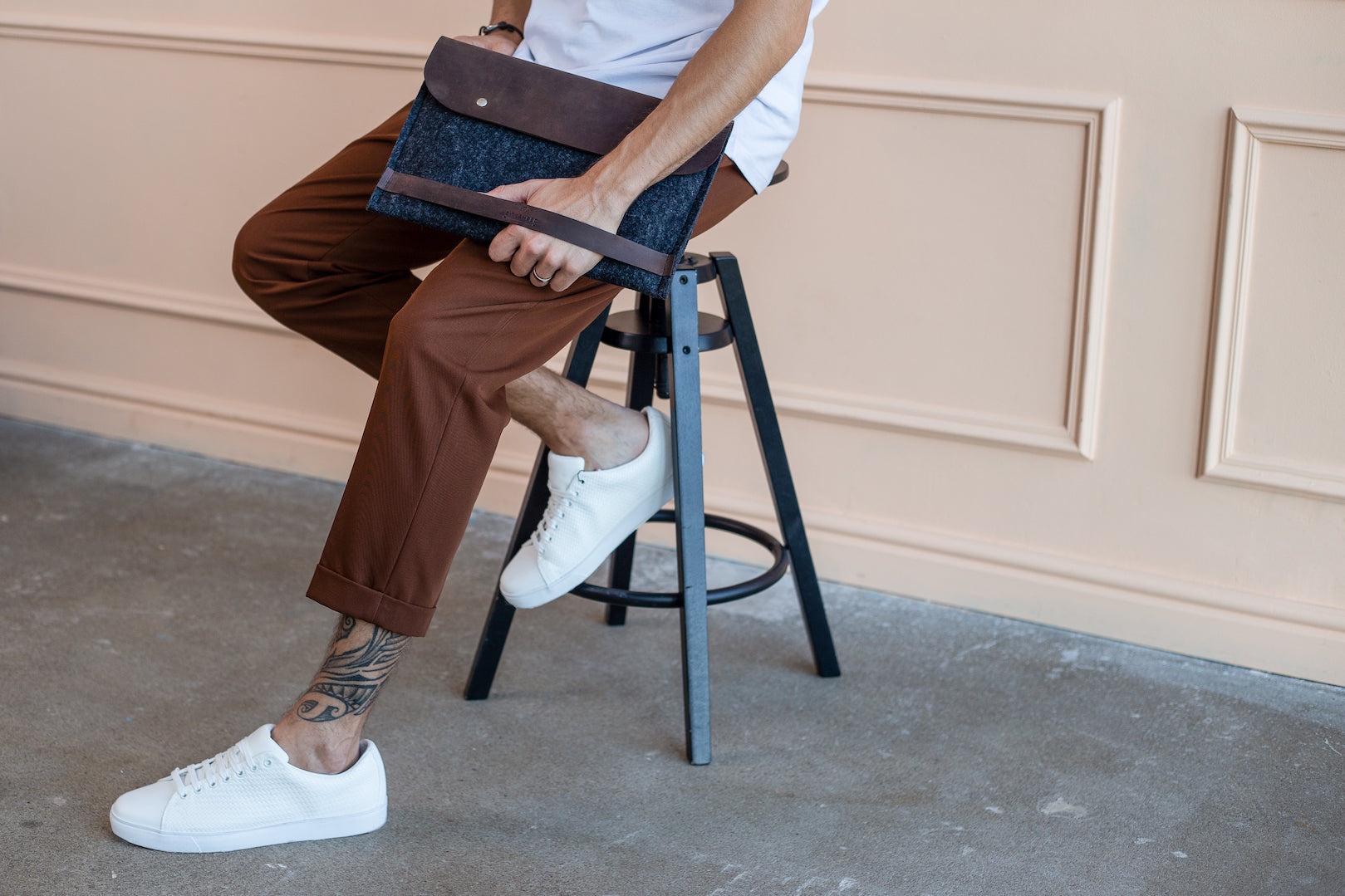 Leather iPad Pro 12.9" case with pencil holder and compartment for chargers or other accessories.