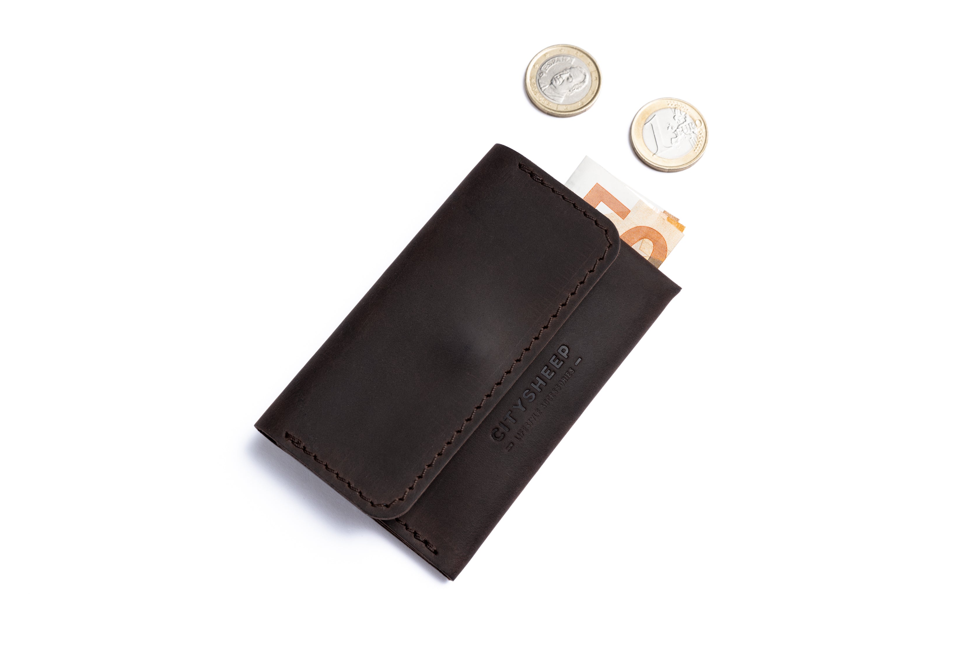 Brown leather minimalist card wallet with pocket for coins.