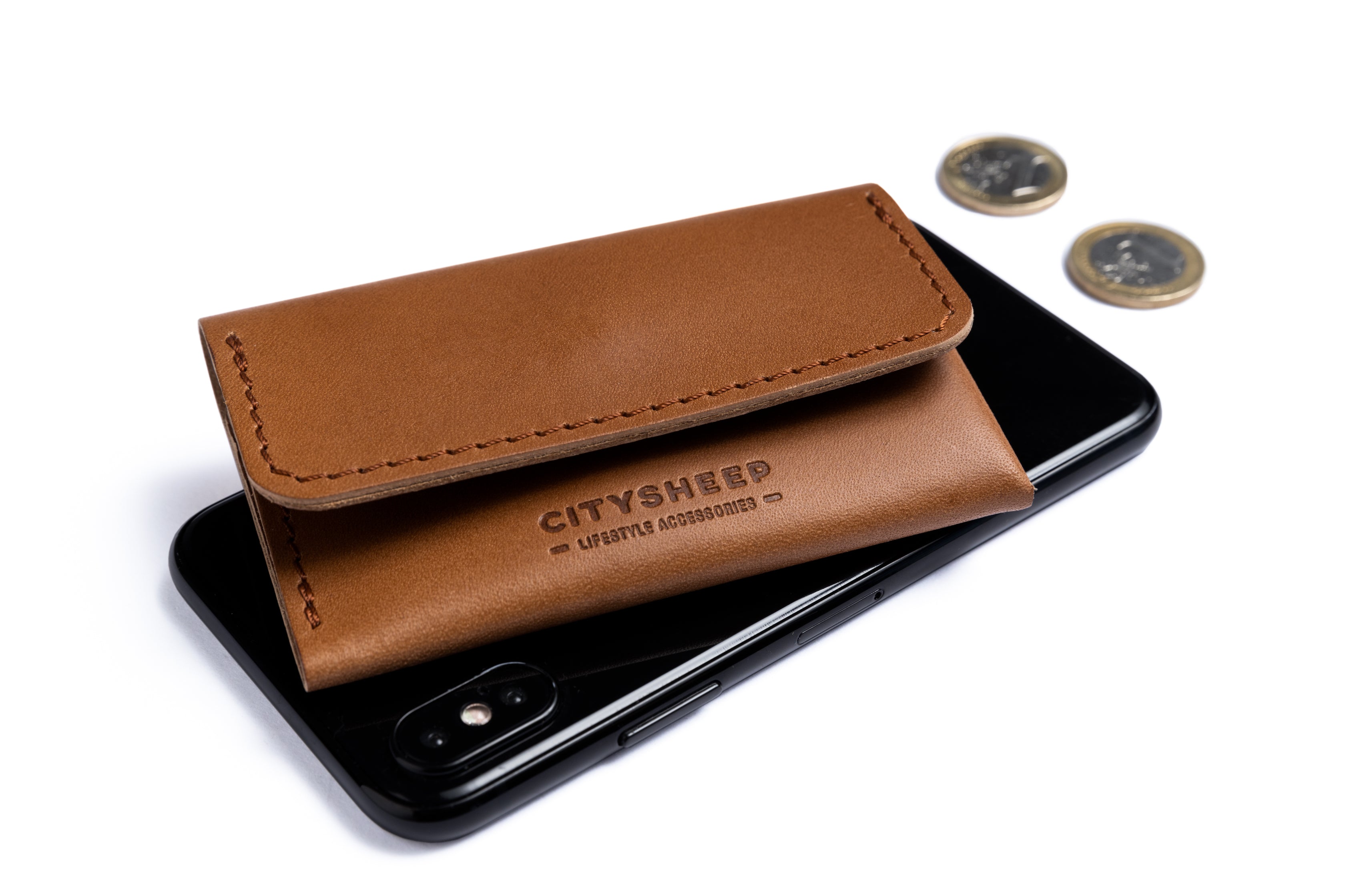 Small leather card wallet with pocket for coins, crafted from Premium Vegetable tanned leather.