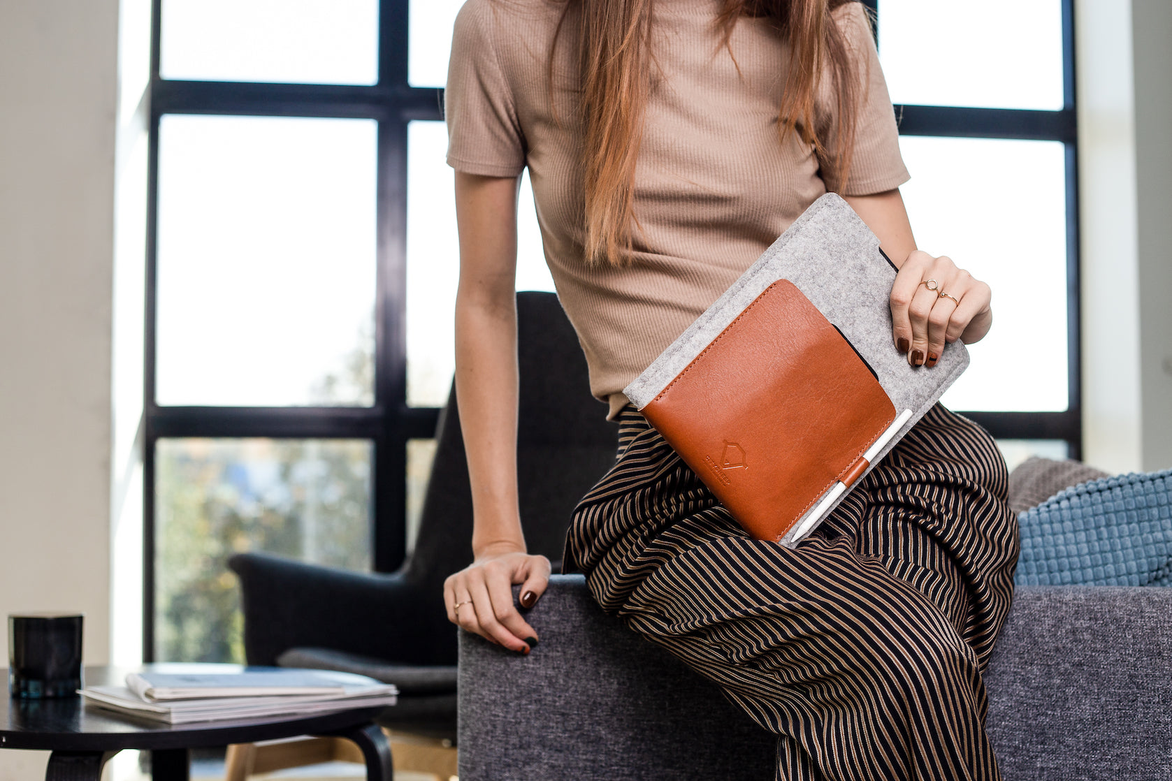 Slim, snug fit iPad sleeve cover handmade from wool felt and leather