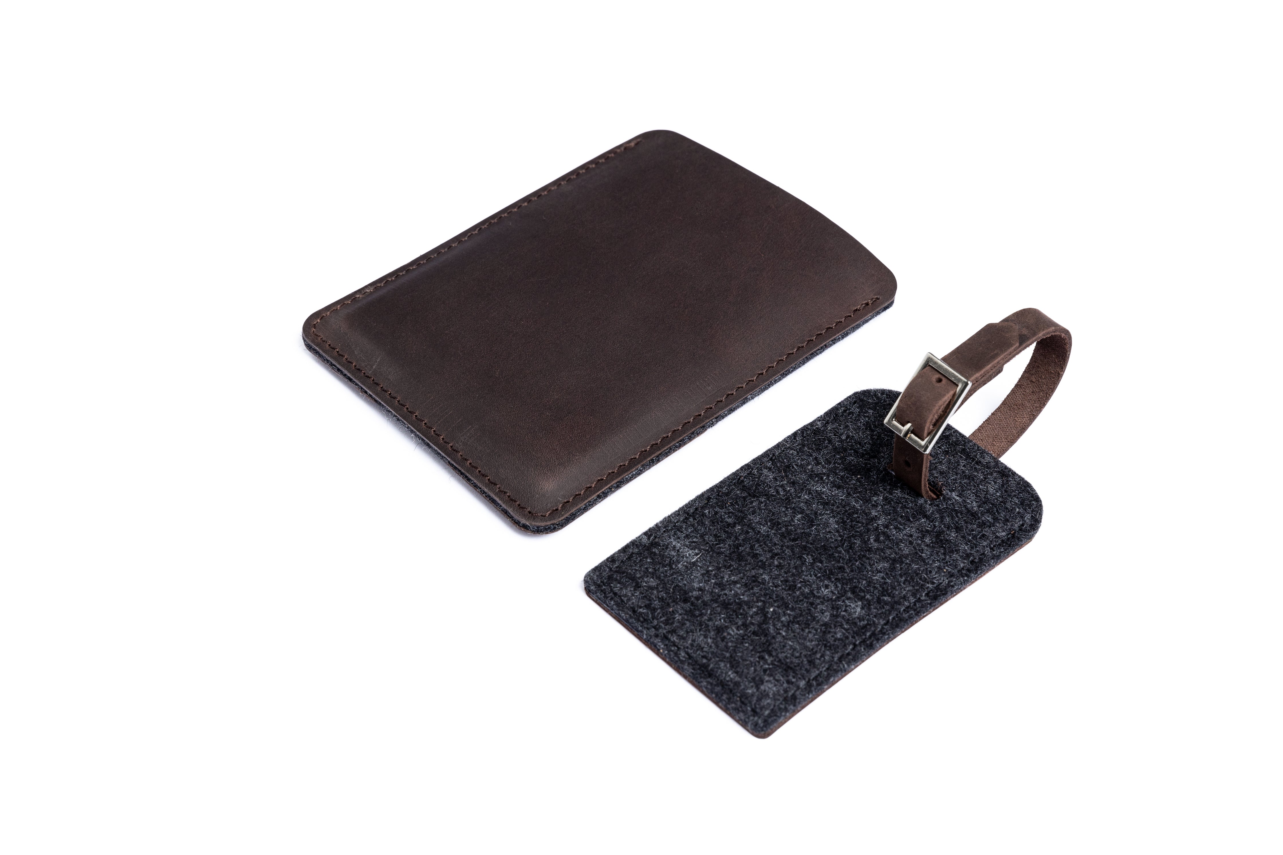 Slim one passport and ID cards passport holder and leather luggage tag set. Handmade.