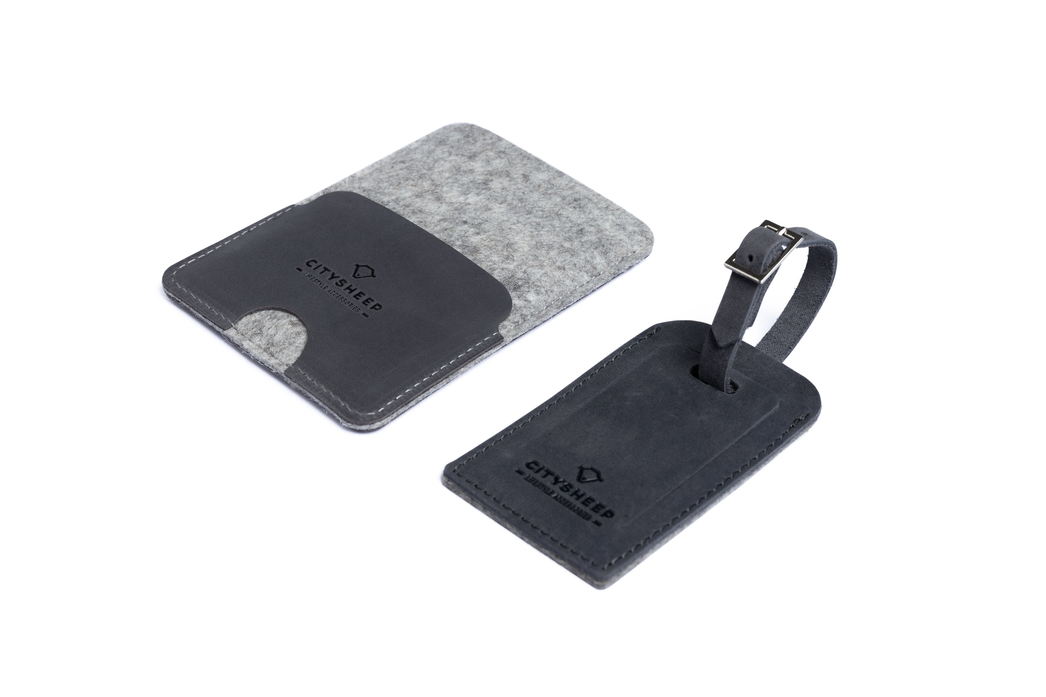 slim leather passport holder and luggage tag in grey leather